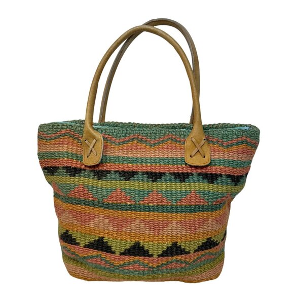 Vtg 1992 Cappelli Straworld Woven Stripe Tote Bag Leather Handles Zipper Close - Picture 8 of 11